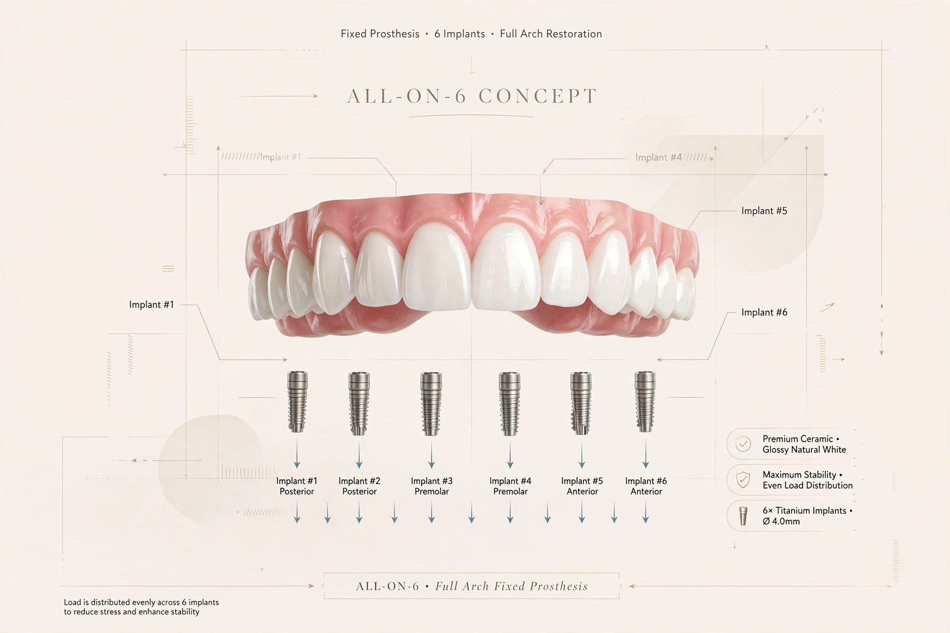Illustrazione H-Dent di una protesi fissa All-on-6 sostenuta da sei impianti